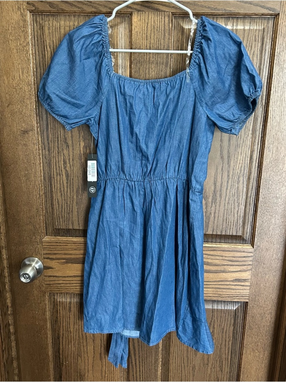 As U Wish Blue Denim Puff-Sleeve Wrap Mini Dress - Picture 2 of 3